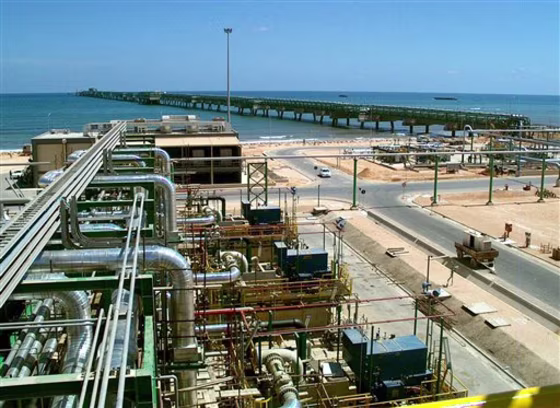 The Italian oil and gas company compression plant is seen on the shore of Mellitah, Libya. The Italian energy giant Eni said Mondayit has resumed oil production in Libya after months of interruption for the civil war.